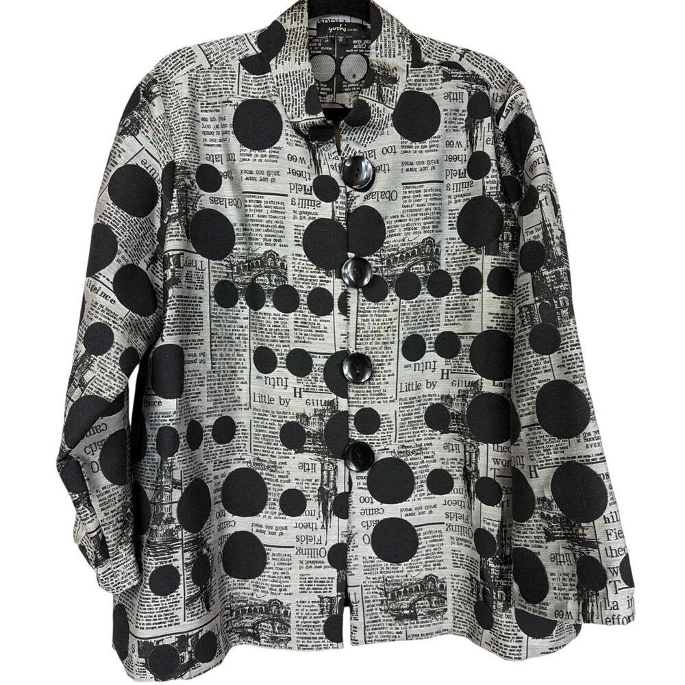 Yushi Black Grey Newspaper Print Long Sleeve Button Up Jacket Size XL